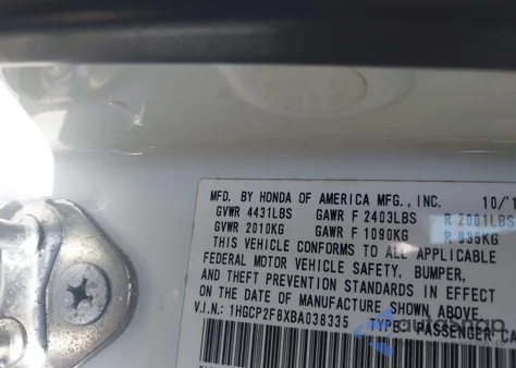 2011 Honda Accord 2.4 Ex-L from USA, damaged, VIN 1HGCP2F8XBA038335